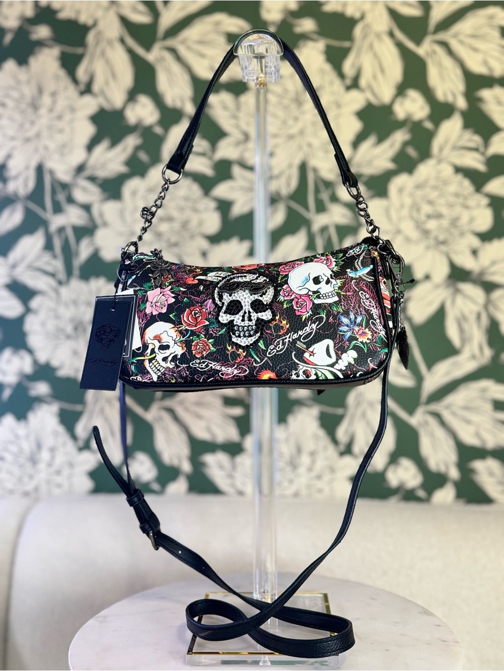 Ed Hardy Black Floral & Skull Shoulder/Crossbody Bag with Chain Detail NWT